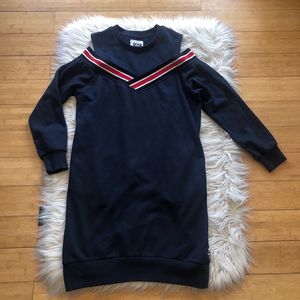 IZZUE Navy Cold Shoulder Cotton Contrast Seam Long Sleeves Sweat Dress size S